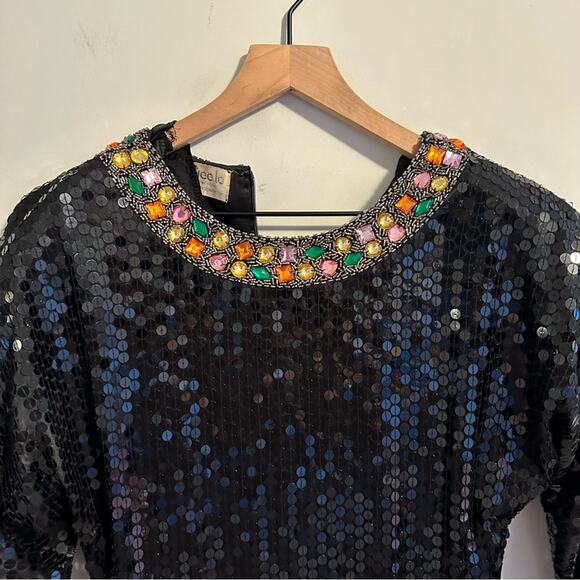 Vintage Swee Lo Black Gem Sequin Long Sleeve Mini Dress Medium - Picture 9 of 11